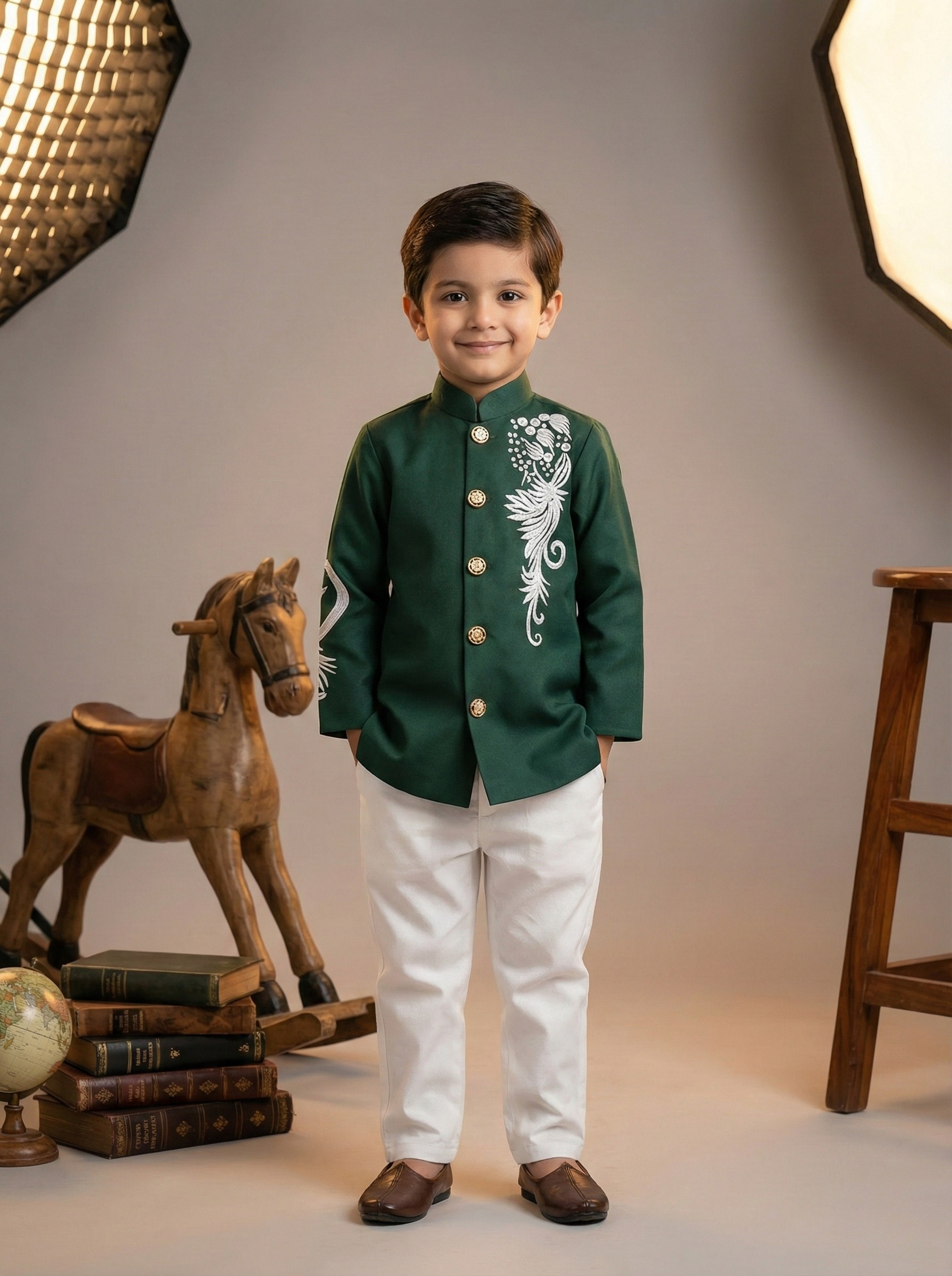 Green Prince coat & White Pant Set Leaf Design