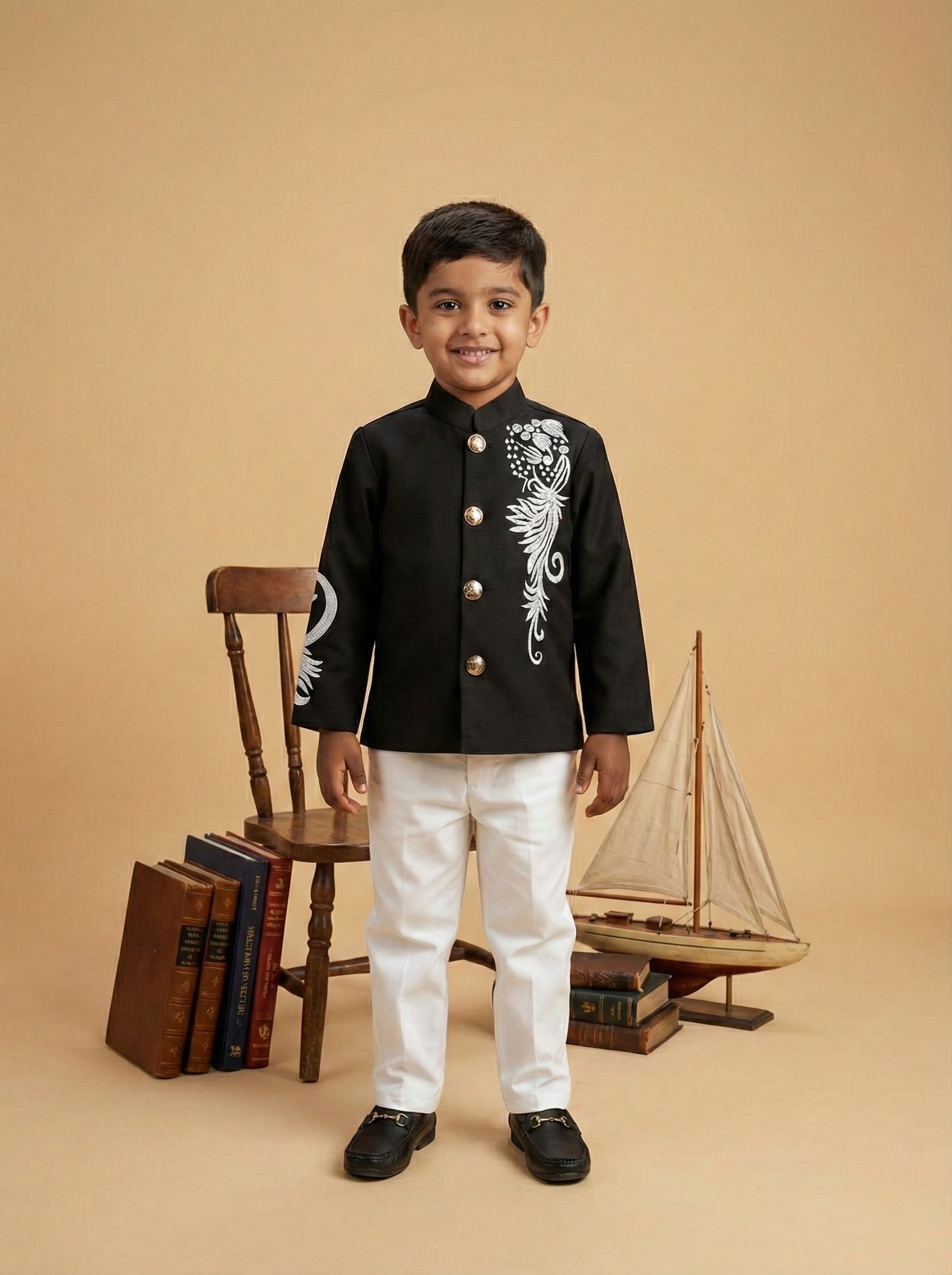 Black Prince coat & White Pant Set Leaf Design